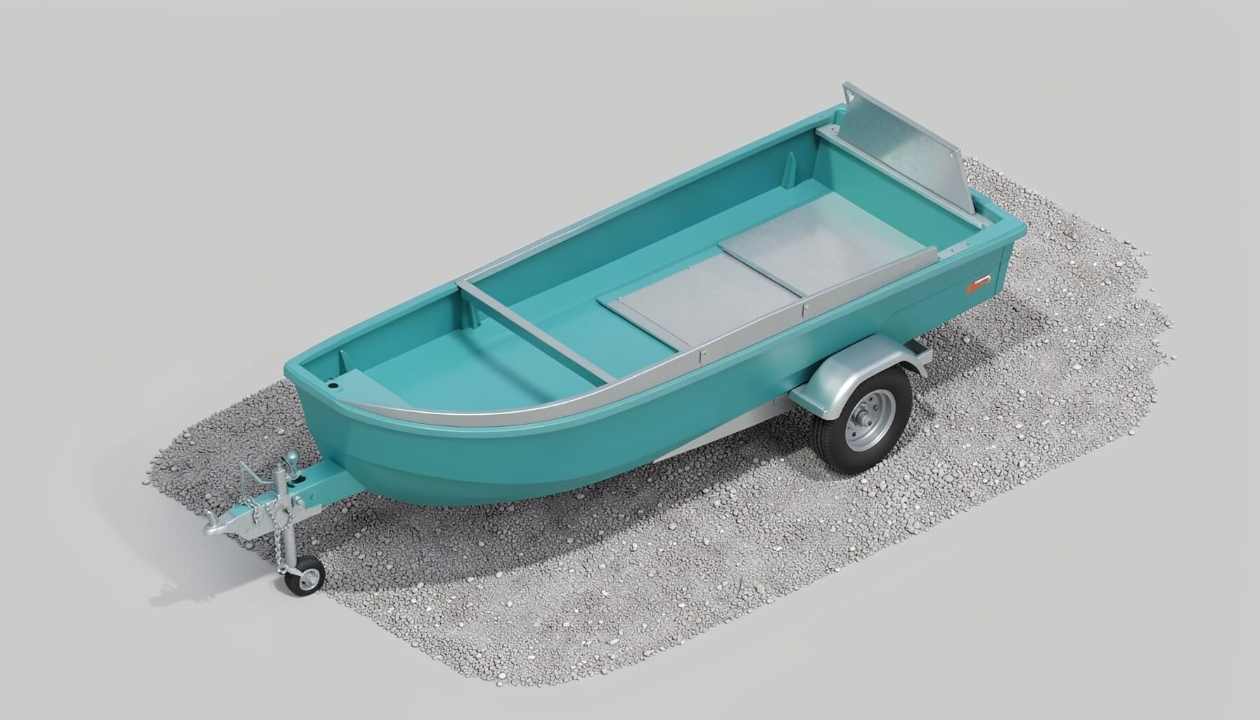 Isometric 3D illustration of a fully assembled galvanized boat trailer parked on gravel, steel-gray tones.