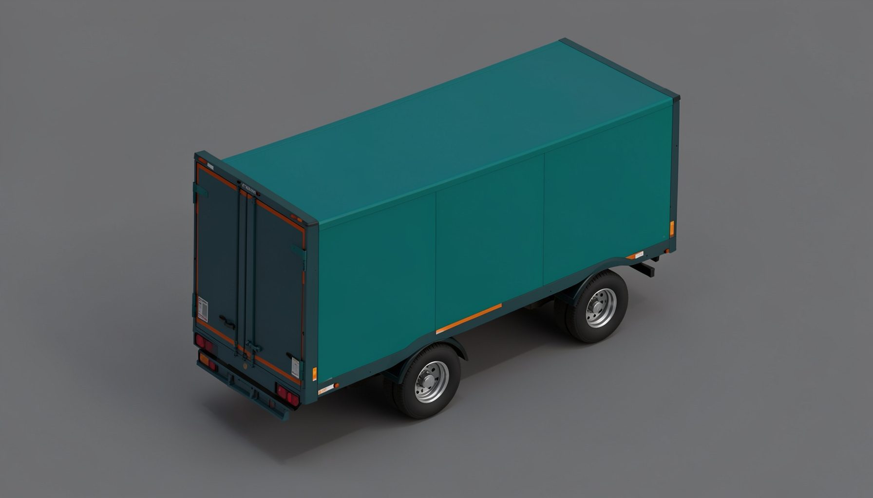 Isometric 3D render of a 4x8 utility trailer in transit, dark teal and orange highlights on charcoal.