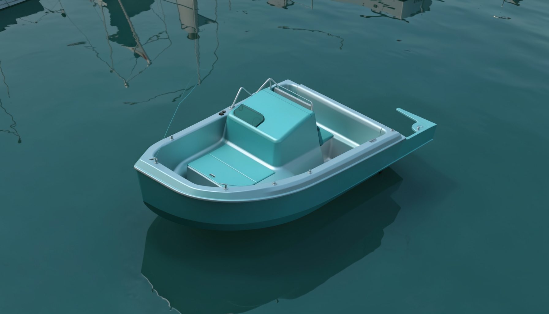 Isometric 3D render of a compact aluminum center-console boat on a calm harbor in muted teal and charcoal tones.