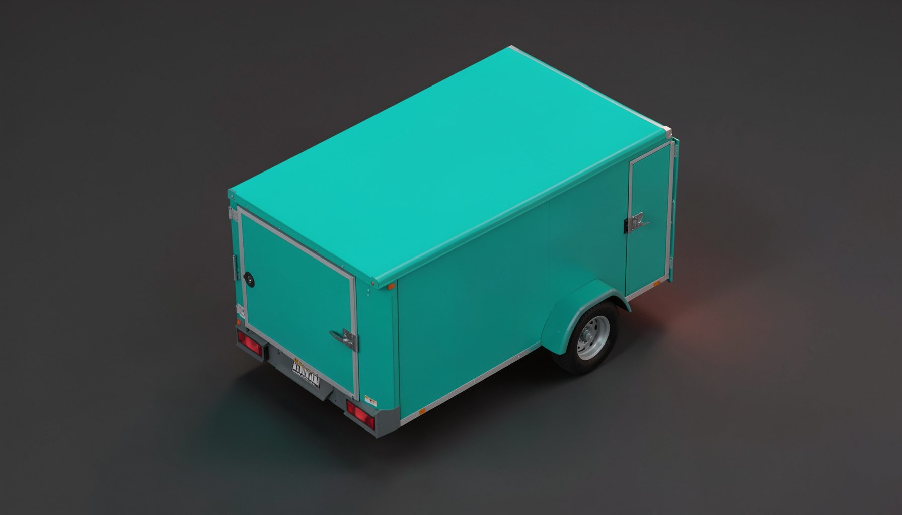 Isometric 3D render of a folded utility trailer kit in a garage, charcoal background with coral accent lighting.