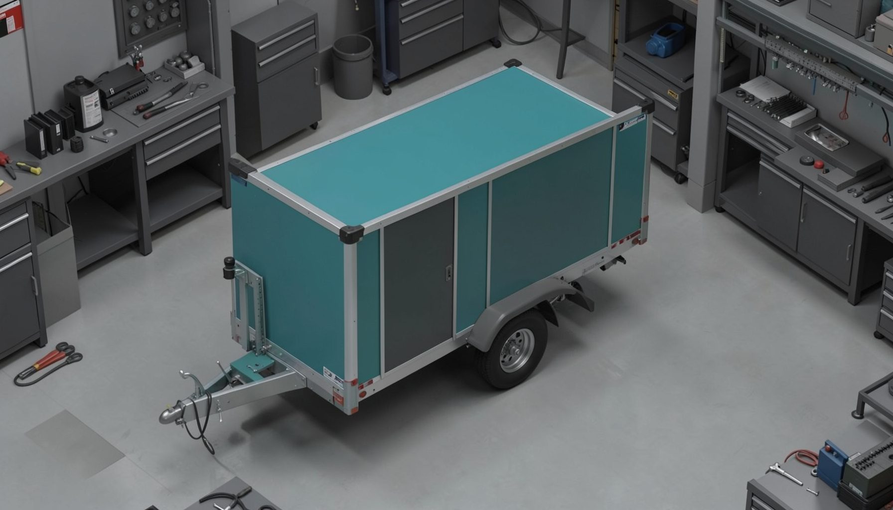 Isometric 3D render of a folding utility trailer in a workshop, charcoal and steel-blue palette.