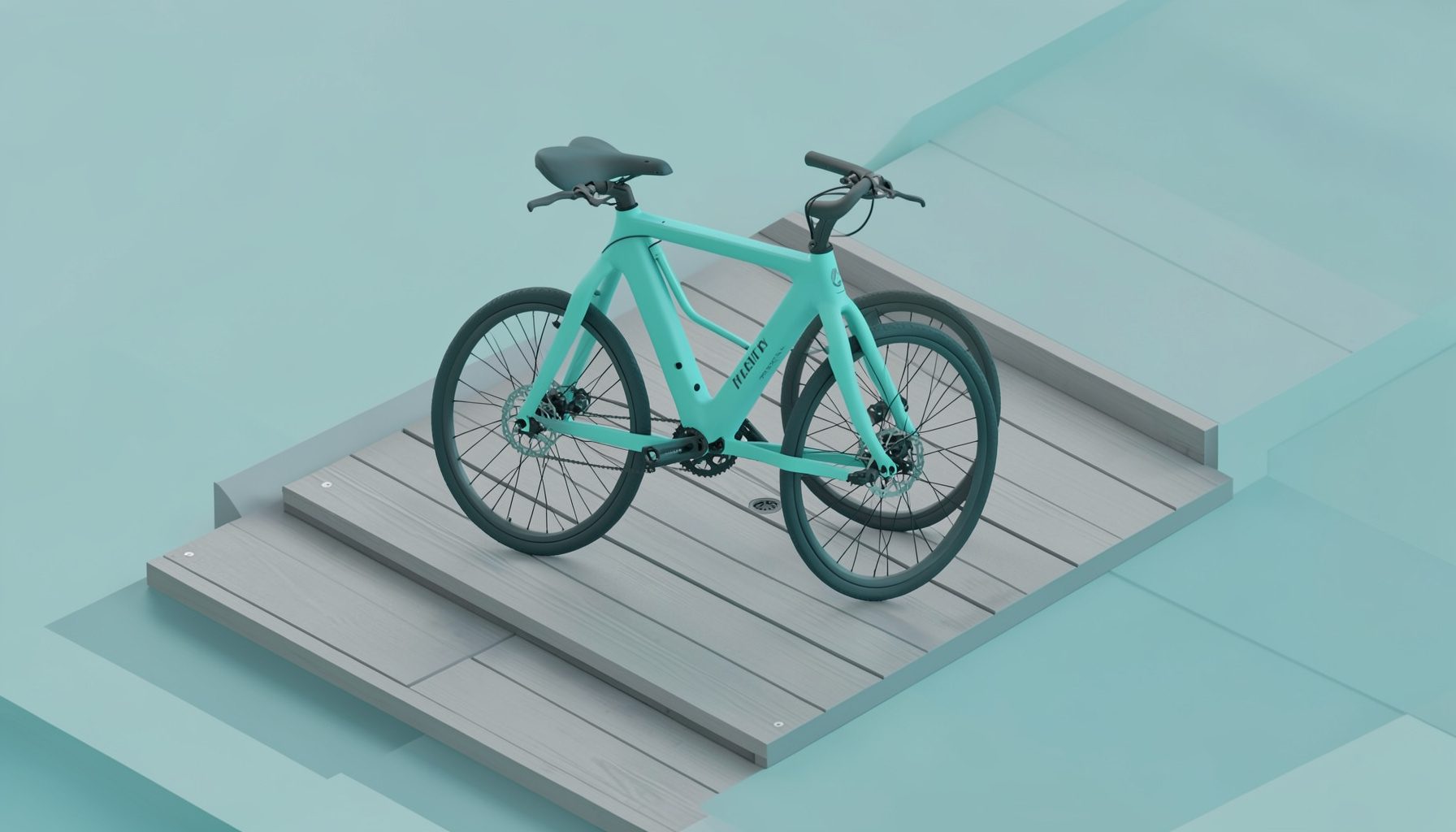Isometric 3D render of a sleek electric bicycle on a coastal boardwalk, soft teal accents and muted grey tones conveying a clean, modern mood.