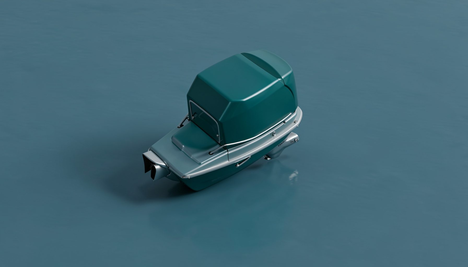 Isometric 3D render of a sleek outboard motor in dark teal and silver tones against a calm slate-blue ocean background, conveying a professional marine mood.
