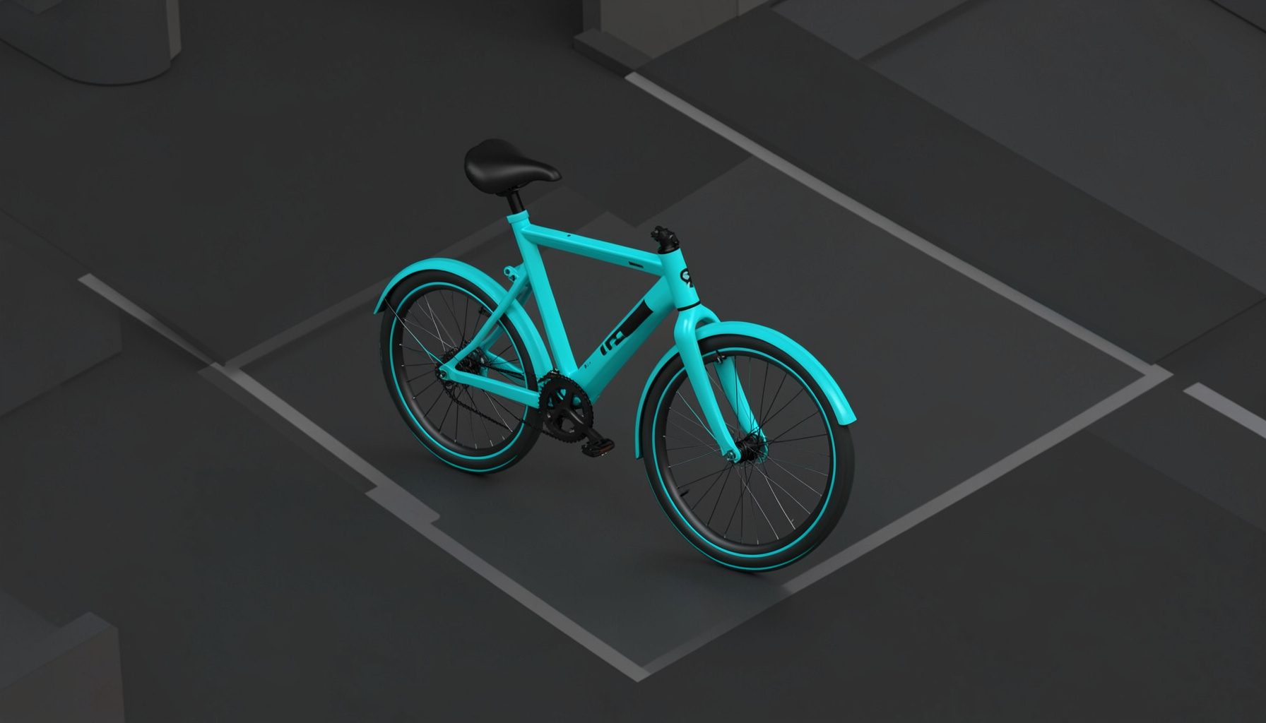 Isometric 3D render of an electric bicycle on a city street, dark charcoal backdrop with bright teal frame highlights.