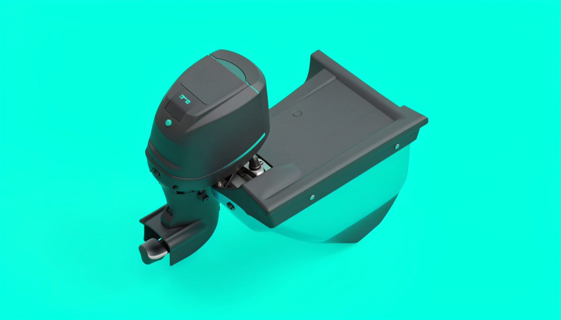 Stylized isometric 3D illustration of an outboard motor mounted on a transom, dark gray body with teal accents.